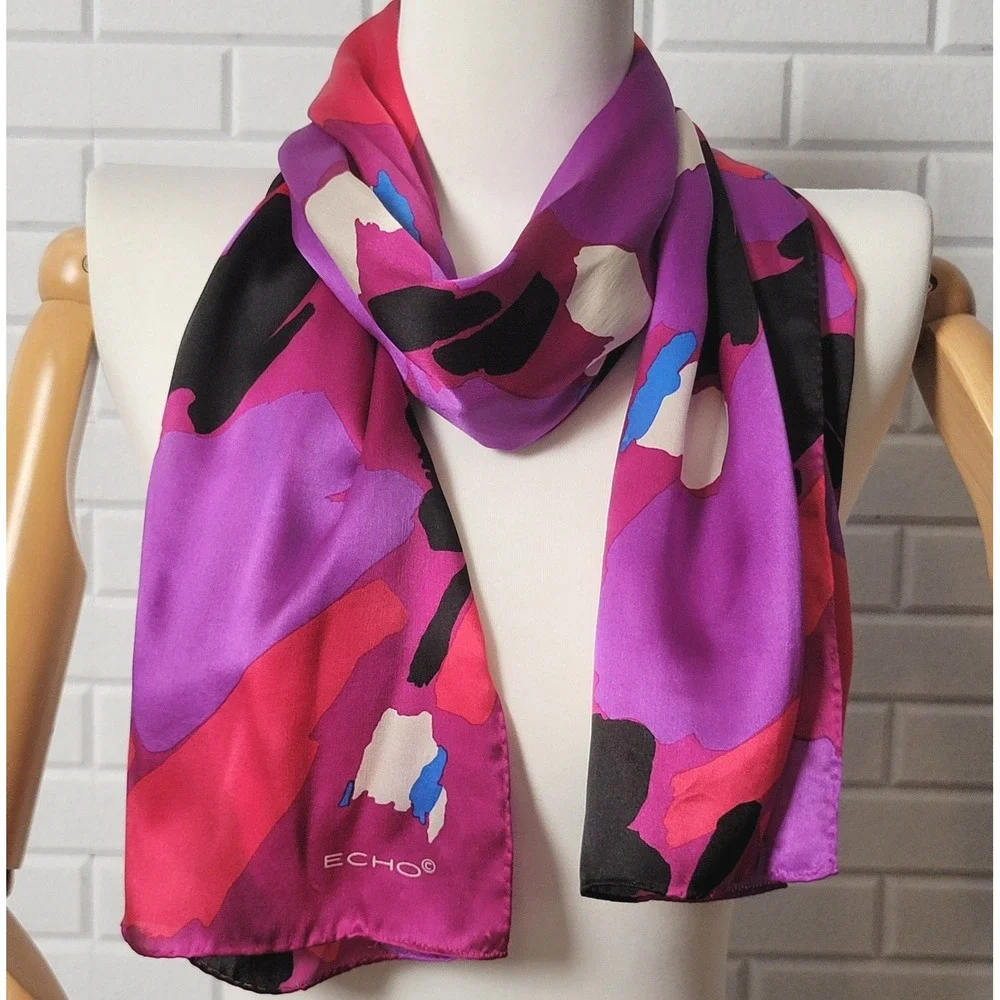 Vintage 1990s Echo Silk Scarf Purple Abstract Modernist Oblong Puffy Edge